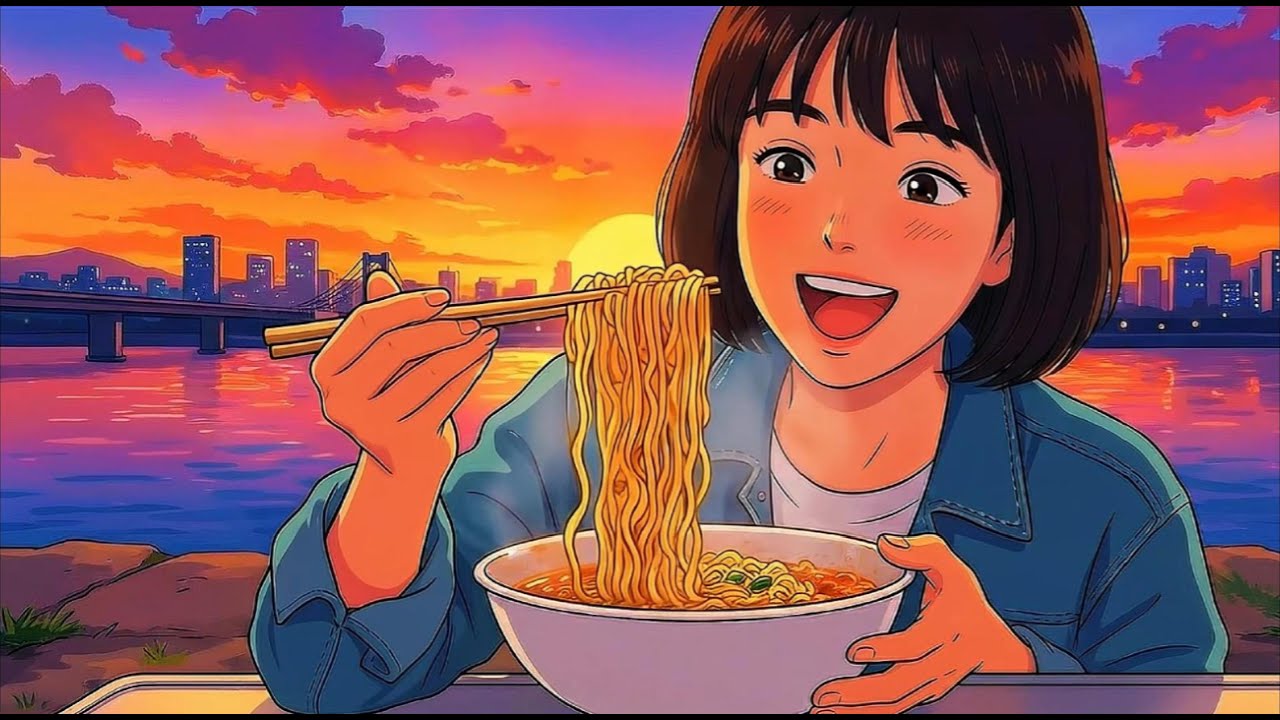 [Ghibli ASMR] Cozy Sunset & Ramen at Han River, Seoul 🌙 | Healing Anime Ambience Ghibli ASMR