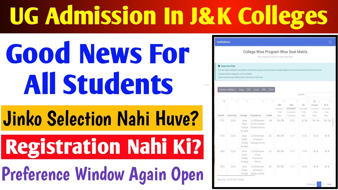J&K Colleges UG Admission 2026 | Not Selected | New Registration Dates | Good News For All | Check