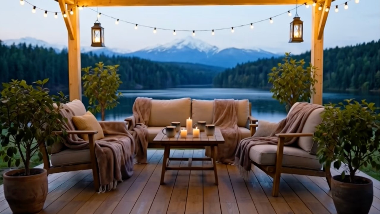 Lakeside Mountain Porch at Dusk 🌅 Soft Jazz & Cozy Outdoor Ambience for Relaxing Evenings.