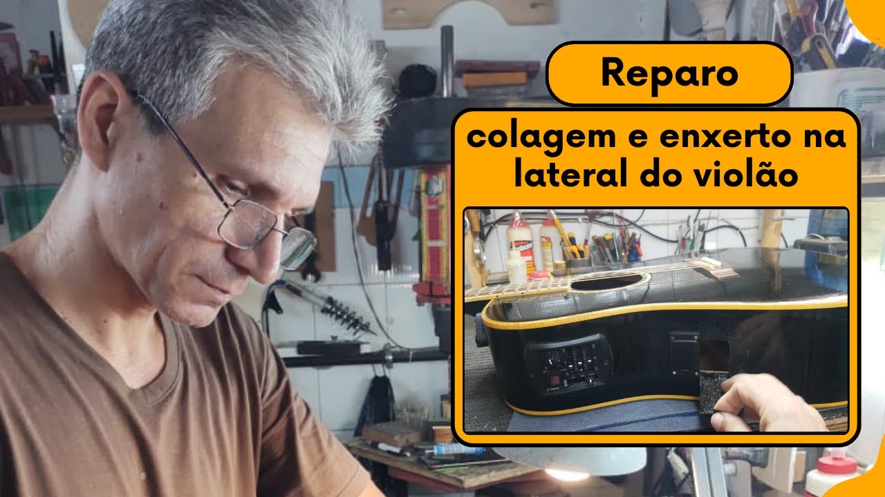 Reparo (colagem e enxerto) na lateral do violão.