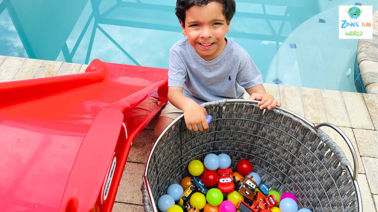 Disney Pixar Cars falling into deep pool, Lightning McQueen, Tow Mater, Mack, Sally, Francesco