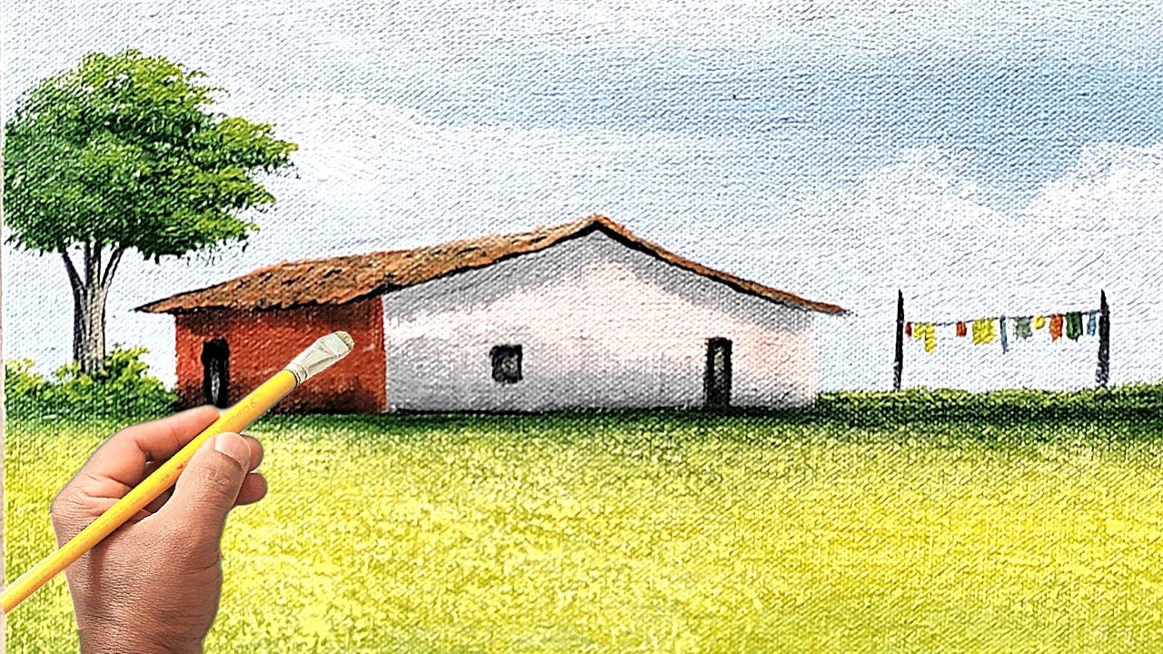 Pintando uma Paisagem no campo com casa / Técnica de pintura acrílica fácil