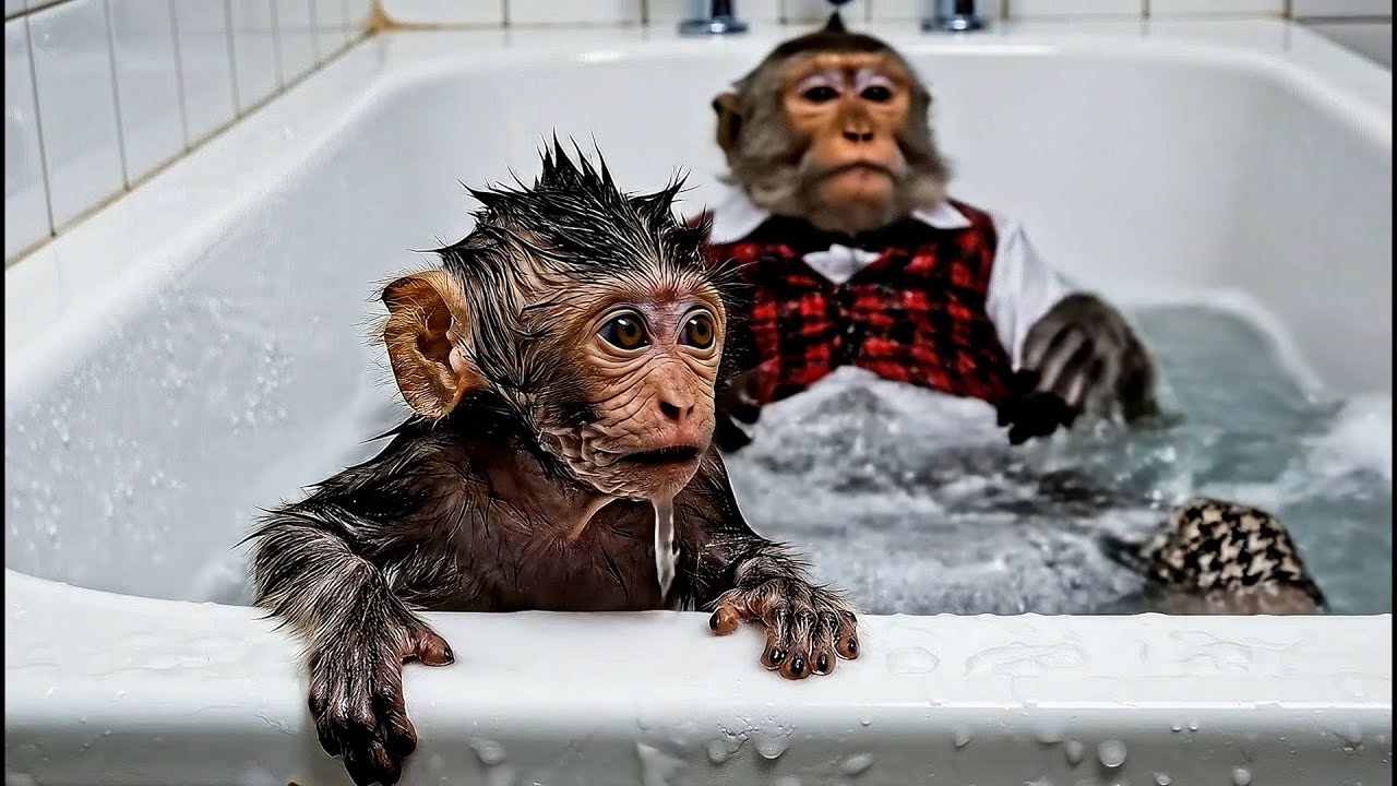 Smart Monkey Goes Shopping and Takes a Bath with Baby Brother! 🐒🛒🛁