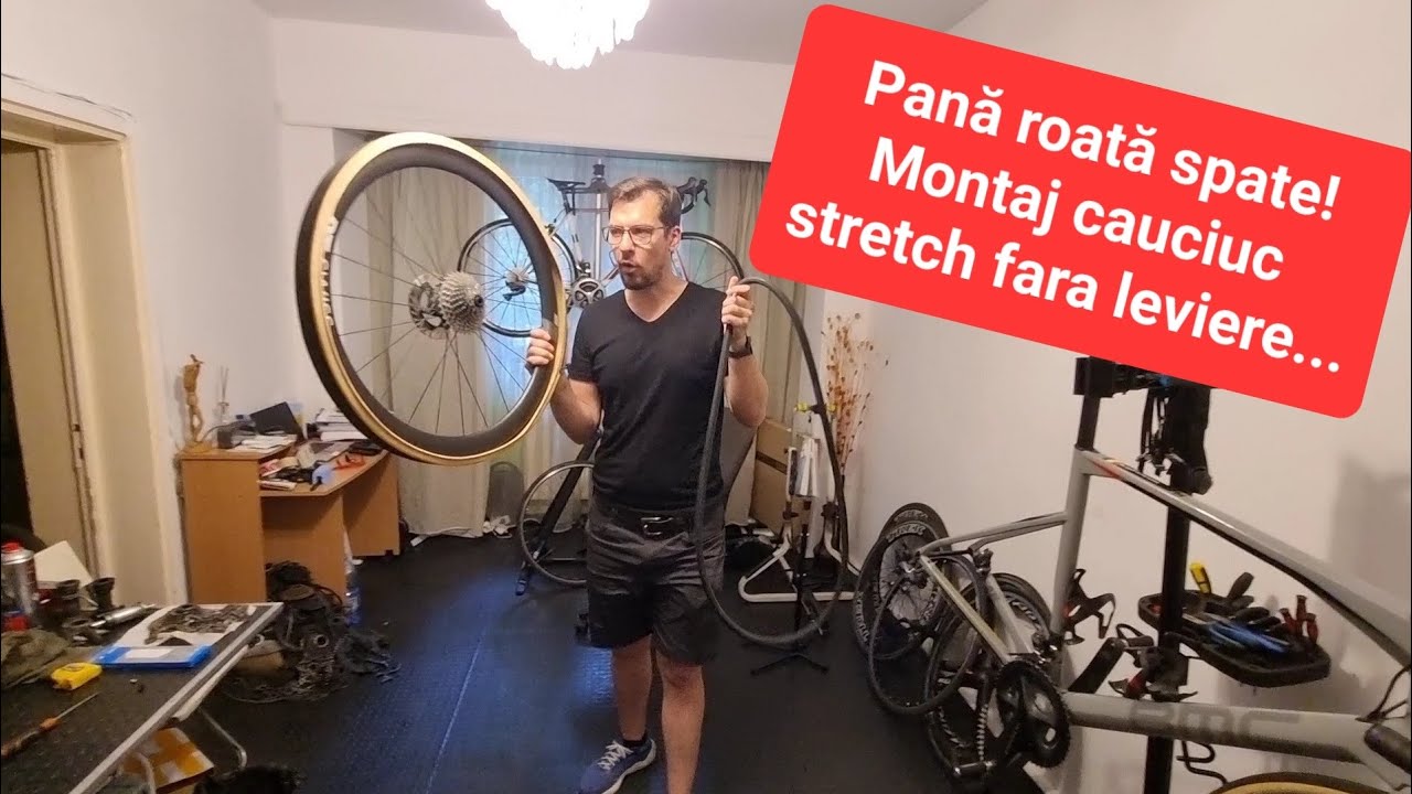 Pană roată bicicletă, montaj cauciuc fără leviere...