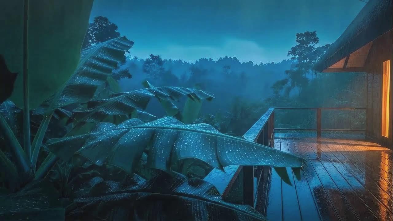 Fall Asleep Fast with Light Rainfall and Soft Thunder Echo at Wooden Cabin Terrace 🌧️