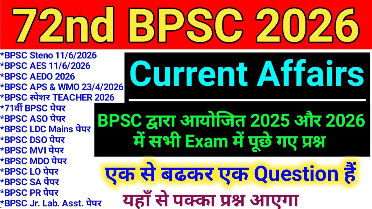 72nd BPSC PT 2026 : Current Affairs | 2025 & 2026 में BPSC Exam में Current Affairs के पूछे Question