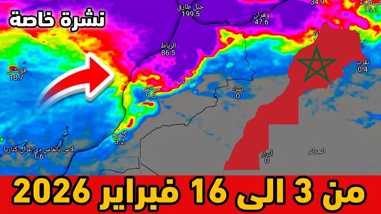 نشرة خاصة⛈️حالة الطقس بالمغرب من 3 الى 16 فبراير 2026