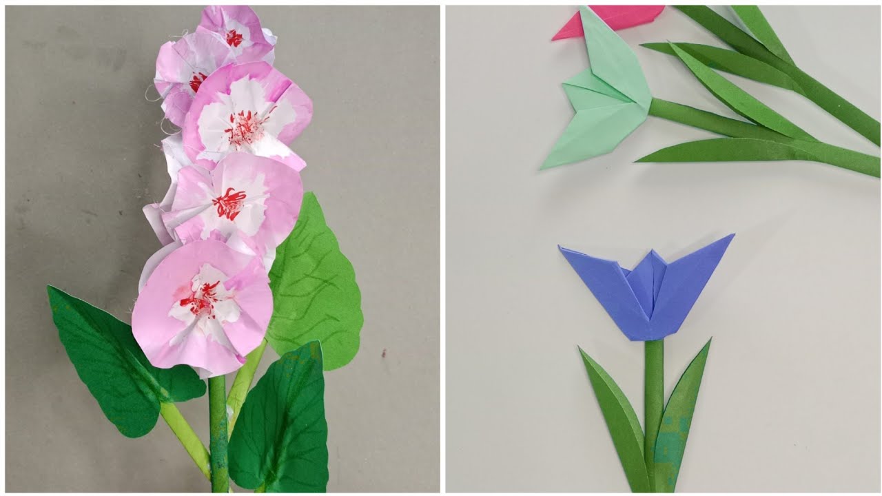“Craft Beautiful Paper Hollyhocks & Stylish Origami Tulips – Fun DIY Decoration Project” 💚💜🖐️