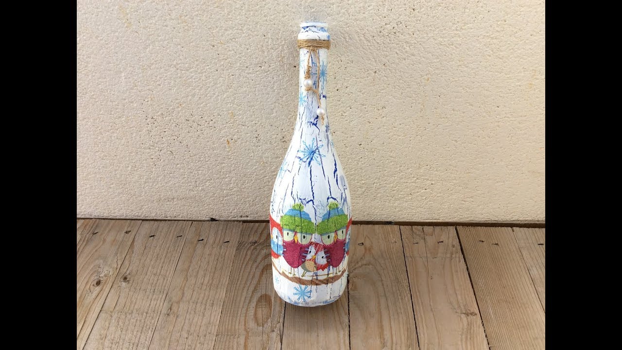 Botella de navidad con craquelado casero y decoupage