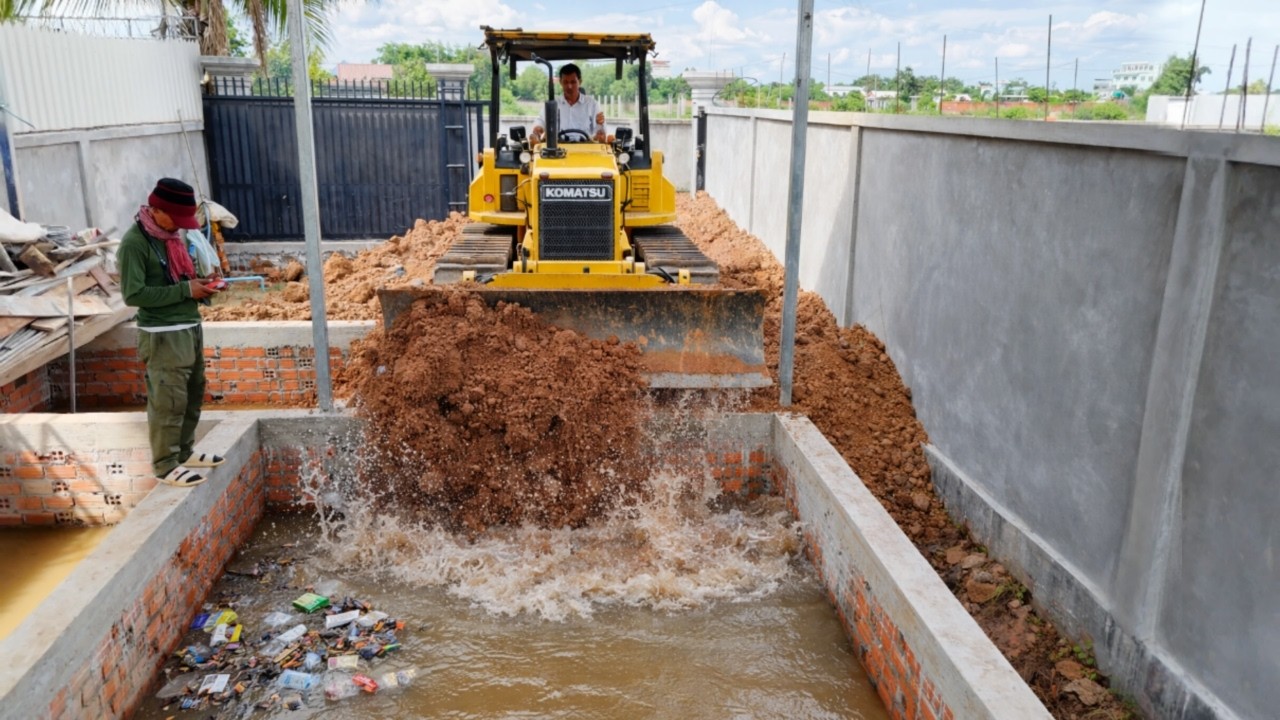 Complete100% Clear Water In The Box & Fill Land by Bulldozer Pushing Dirt, Dump Truck Unloading Soil