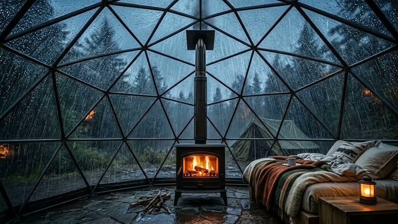 Rainy Forest Dome Fireplace Ambience – 6 Hours for Deep Sleep