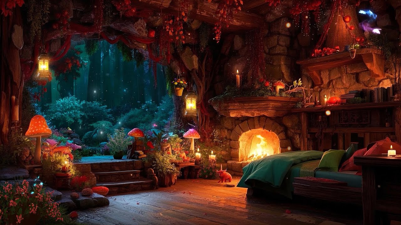 Cosylit Relaxing Nook in Quiet Forest | Echoing Magical Music, Crackling Fire & Night Insects Sounds