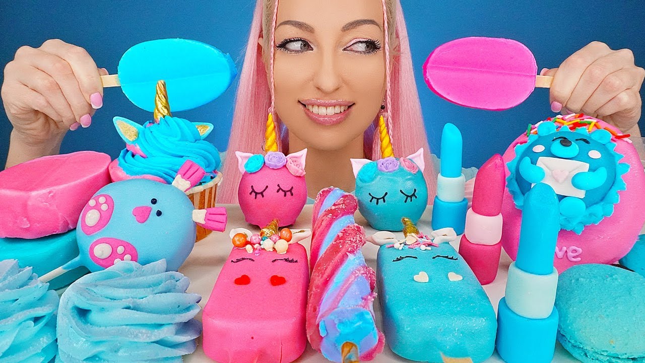 ASMR EATING PINK & BLUE FOOD, ICE CREAM, UNICORN DESSERT, MARSHMALLOW, CAKE MUKBANG 분홍색 음식 블루 디저트 먹방