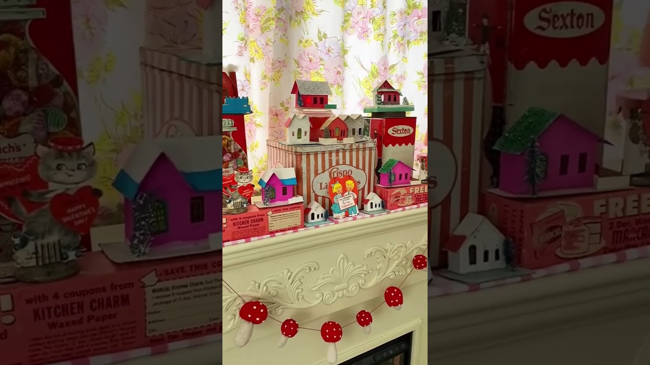 Vintage Valentine&rsquo;s Day village fireplace mantel decor #valentinesday