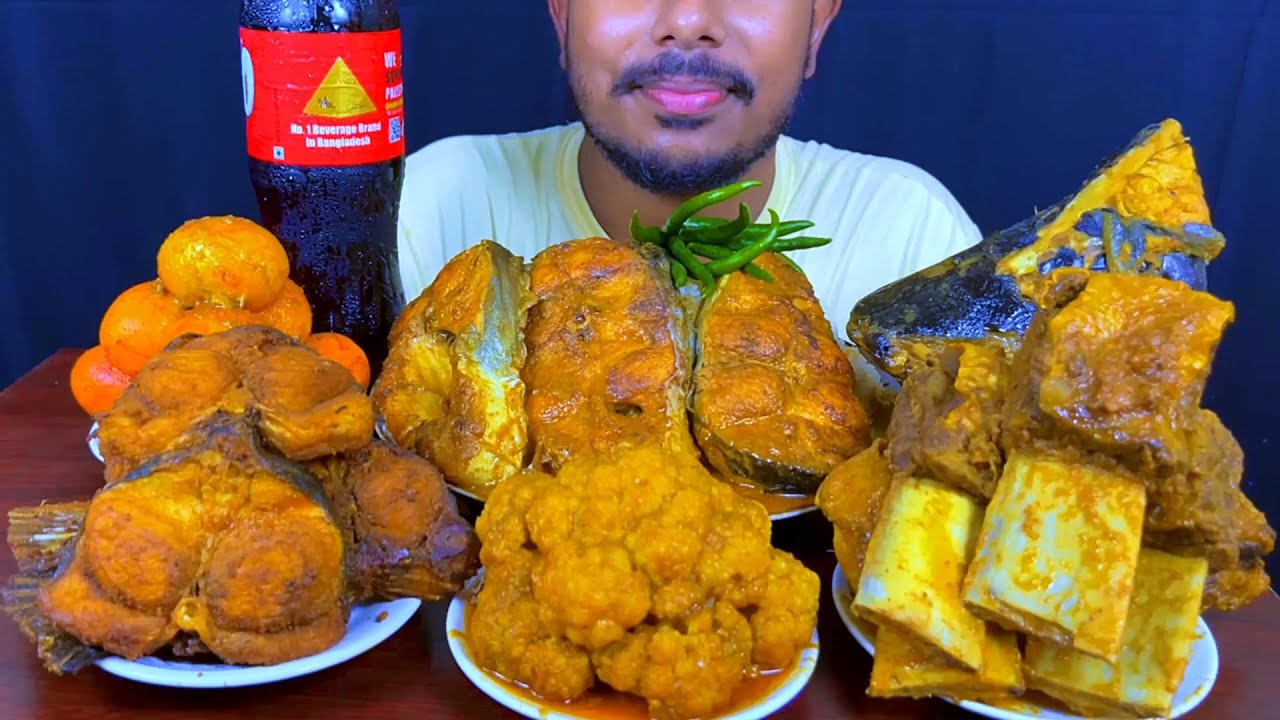 Eating Spicy Pangas Fish Curry,Beef Chaap,Fish Fry,Egg,Fish Head With Rice || Asmr Mukbong Show