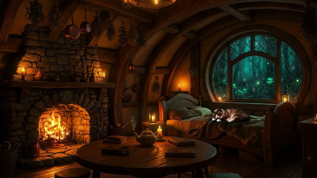 Ultimate Hygge Hobbit House: Relaxing Rain Sounds for Sleeping with Fireplace and Sleeping Cats 🌧️