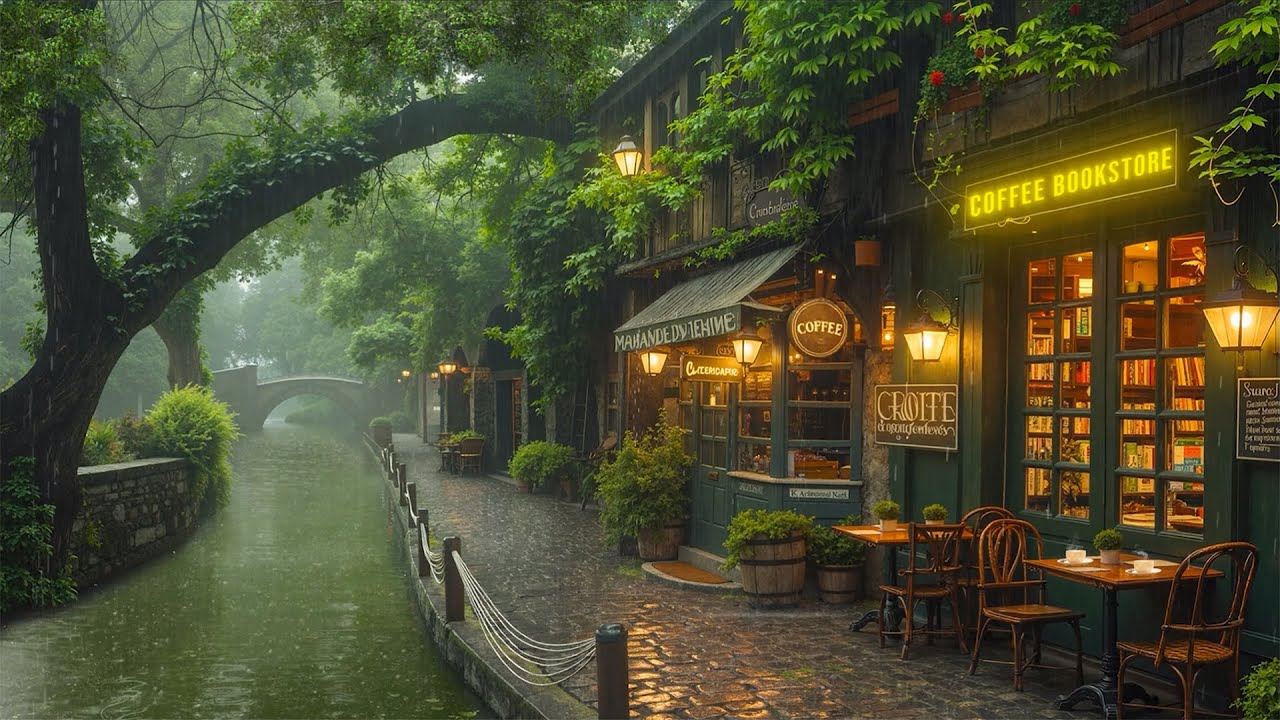 Calm Jazz Playlist 🌧️ Cozy Rainy Day at Vintage Coffee Bookstore by Quiet Canal for Study & Relax