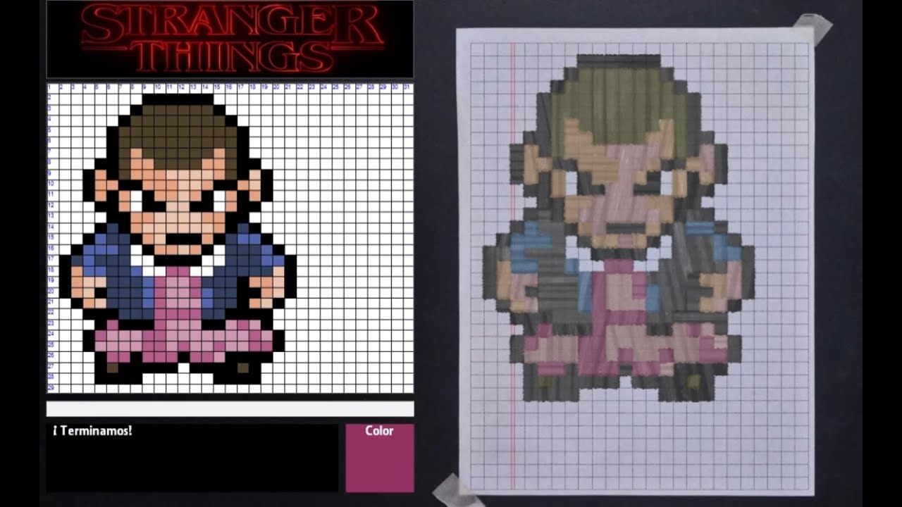 Tutorial paso a paso de PixelArt de Eleven de Stranger Things en papel cuadriculado