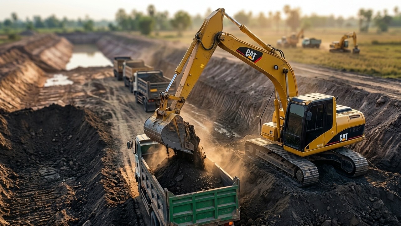 CAT Excavator Digs Massive Canal & Loads Dump Trucks Non Stop
