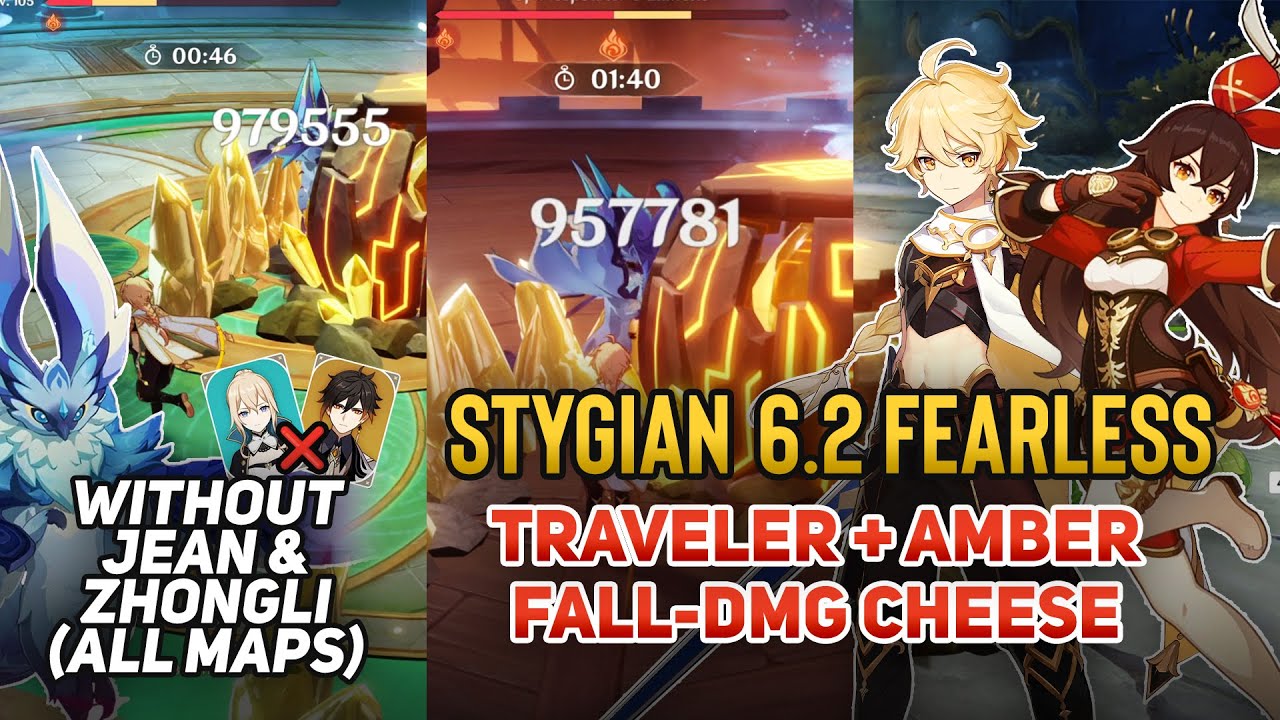 Traveler & Amber Iktomisaurus Fall Damage Cheese Clear! NO Zhongli Jean | Stygian 6.2 Fearless