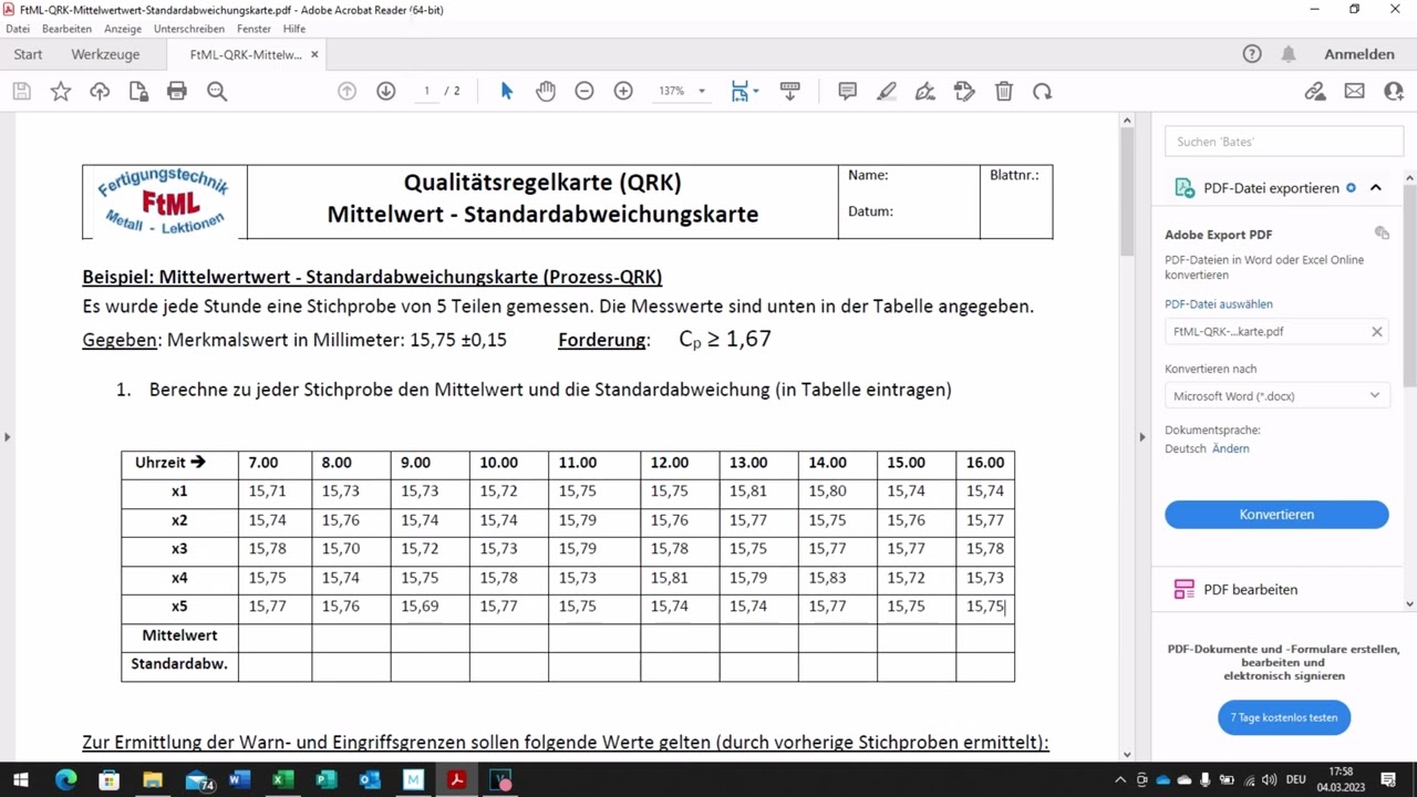 Qualit&auml;tsregelkarte Mittelwert Standardabweichung