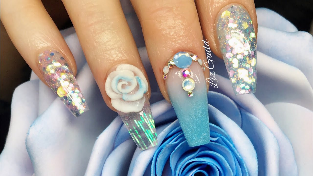 Acrylic Nails | Angel Stripes And Big 3D Rose