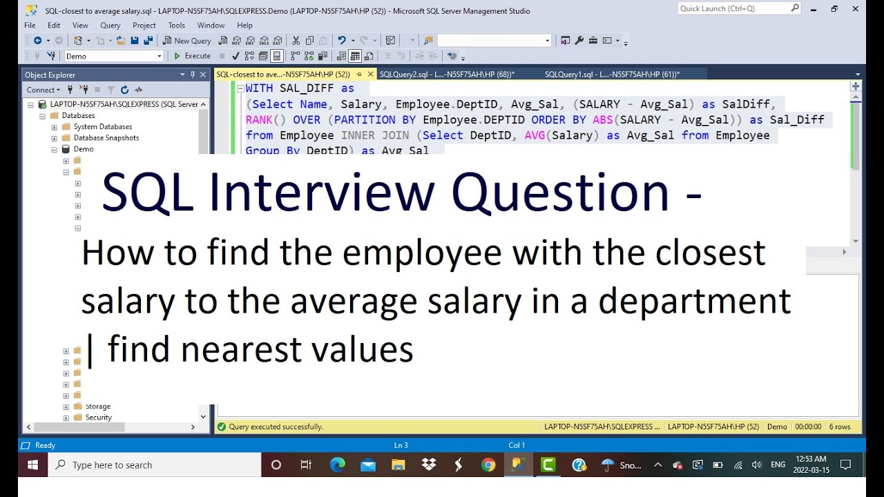 SQL Interview | Employee with closest salary to average salary in a department | nearest values