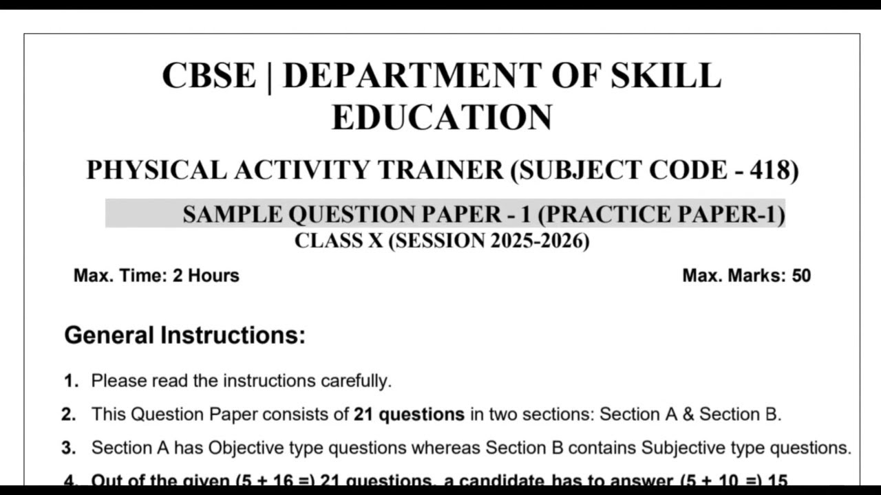 Class 10 PHYSICAL ACTIVITY TRAINER Sample Paper 2025-26