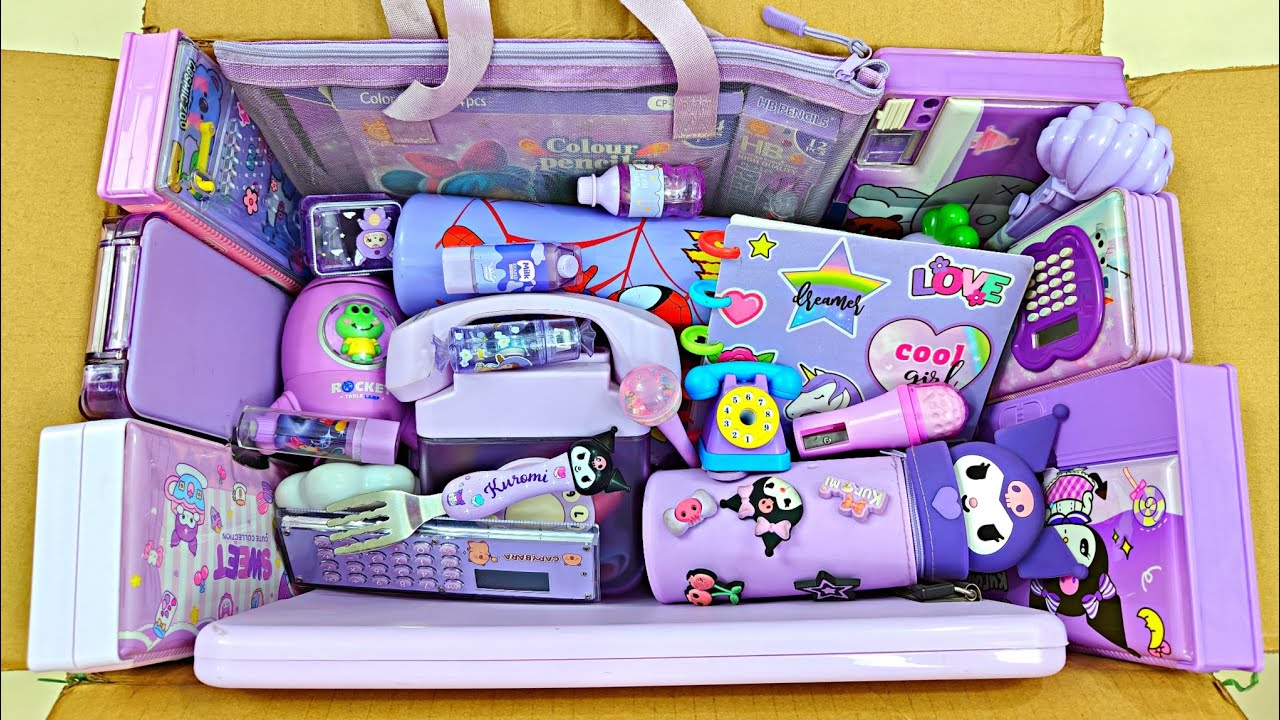 Purple stationery items, pencil pouch, multifunction pencil box, stationery collection,  eraser, toy