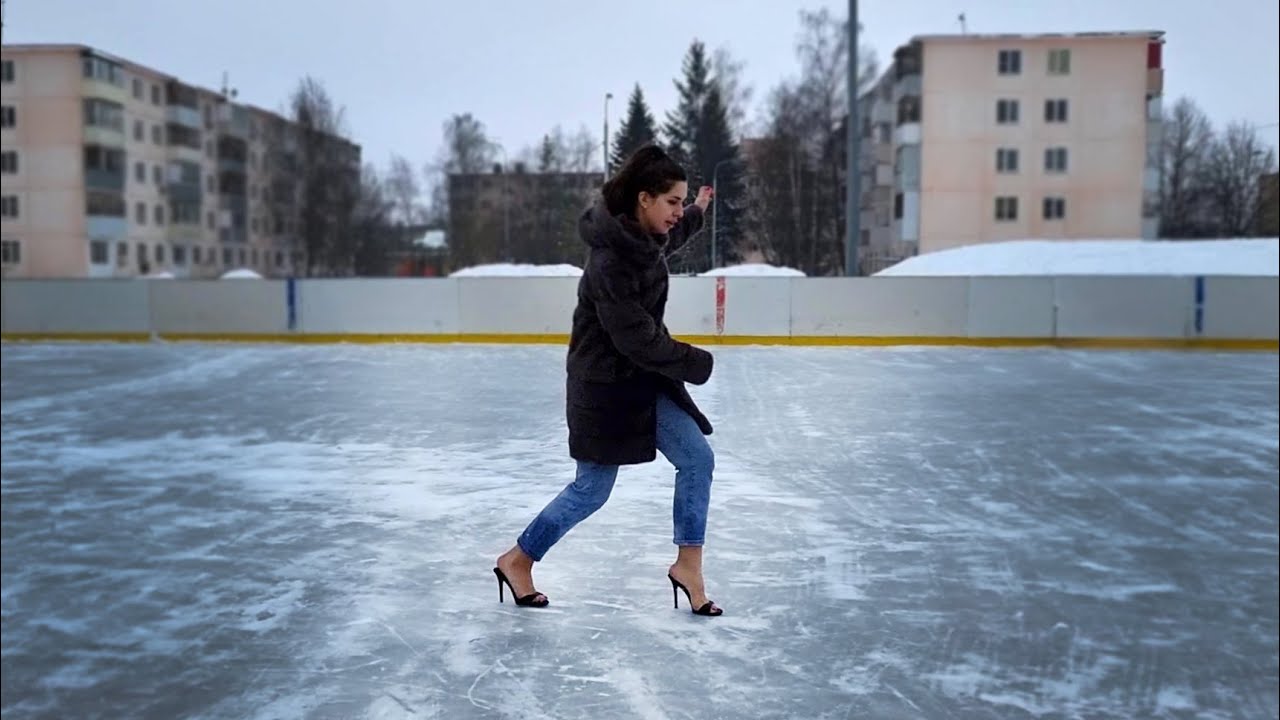 High Heels Mules on Slippy Ice Rink, High Heels Mules on Ice, Girl in Heels on Slippy ICE (# 906)