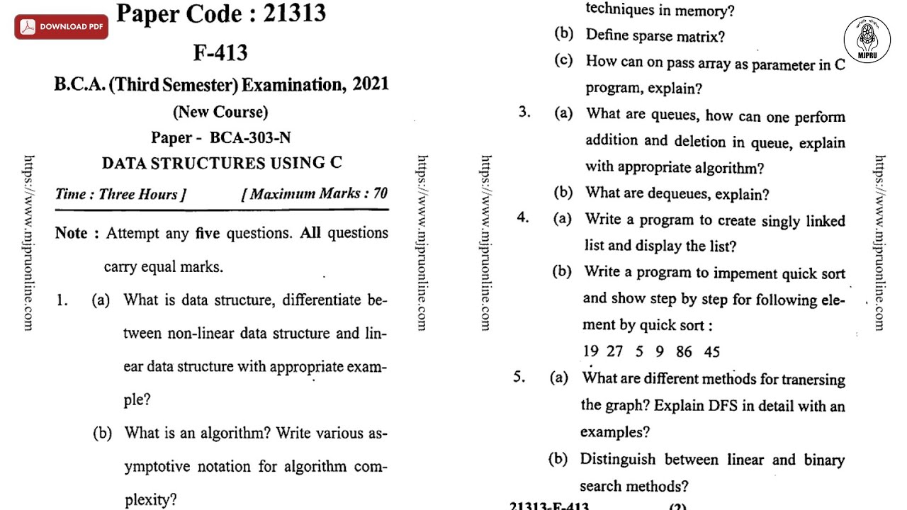 BCA 3RD SEM DATA STRUCTURES USING C 2021 | MJPRU