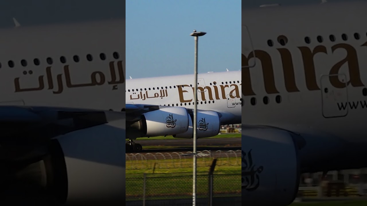 Landing during Sunrise - Emirates A380 at LHR  #aviation #planespotting