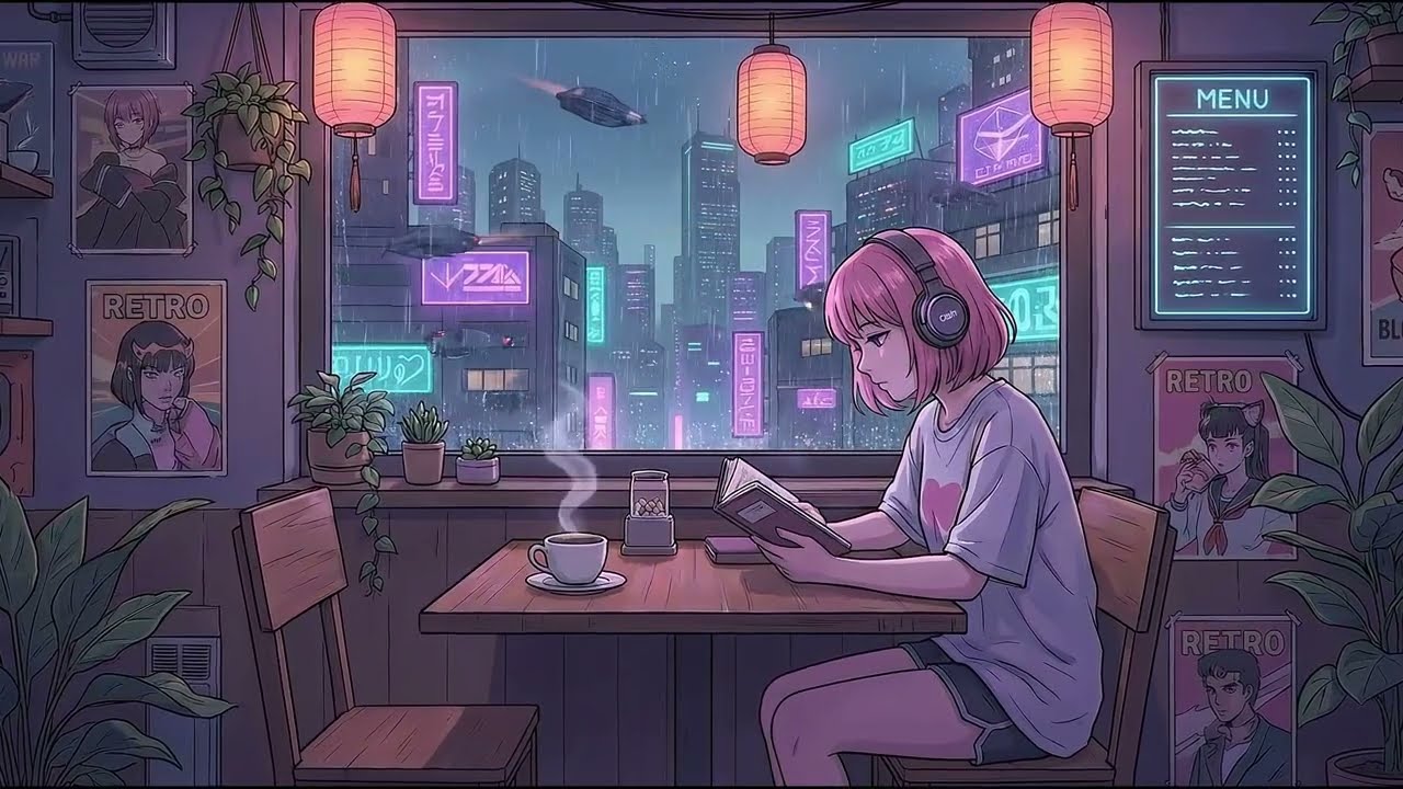 Raining in Neo-Tokyo | Cozy Cyber Cafe Ambience 🌧️ Lofi Beats to Sleep/Relax