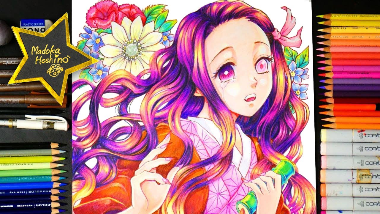 鬼滅の刃 竈門禰豆子 イラスト 色鉛筆絵 ジャンプ196話　半鬼覚醒したねずこを描いてみた
