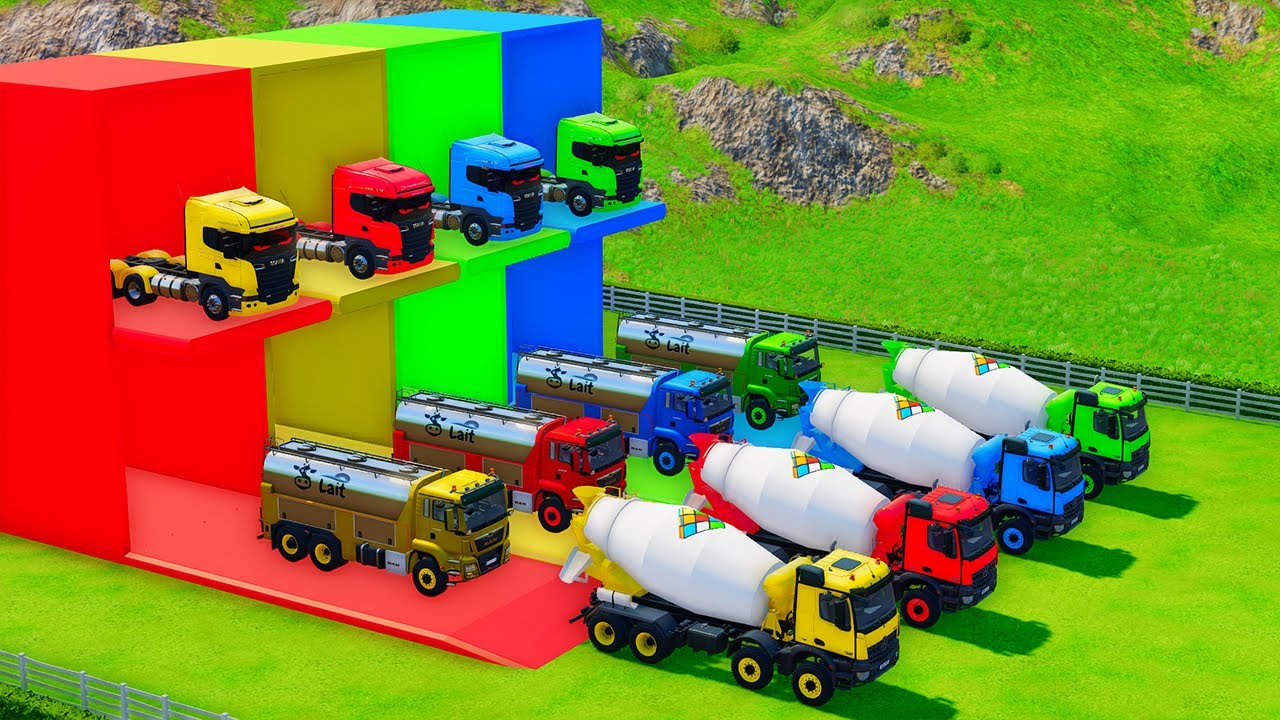 Garage with Colors - ALL MIXER TRUCKS WITH DOUBLE FLATBED TRAILER TRUCK, VOLVO, SCANIA, KENWORTH