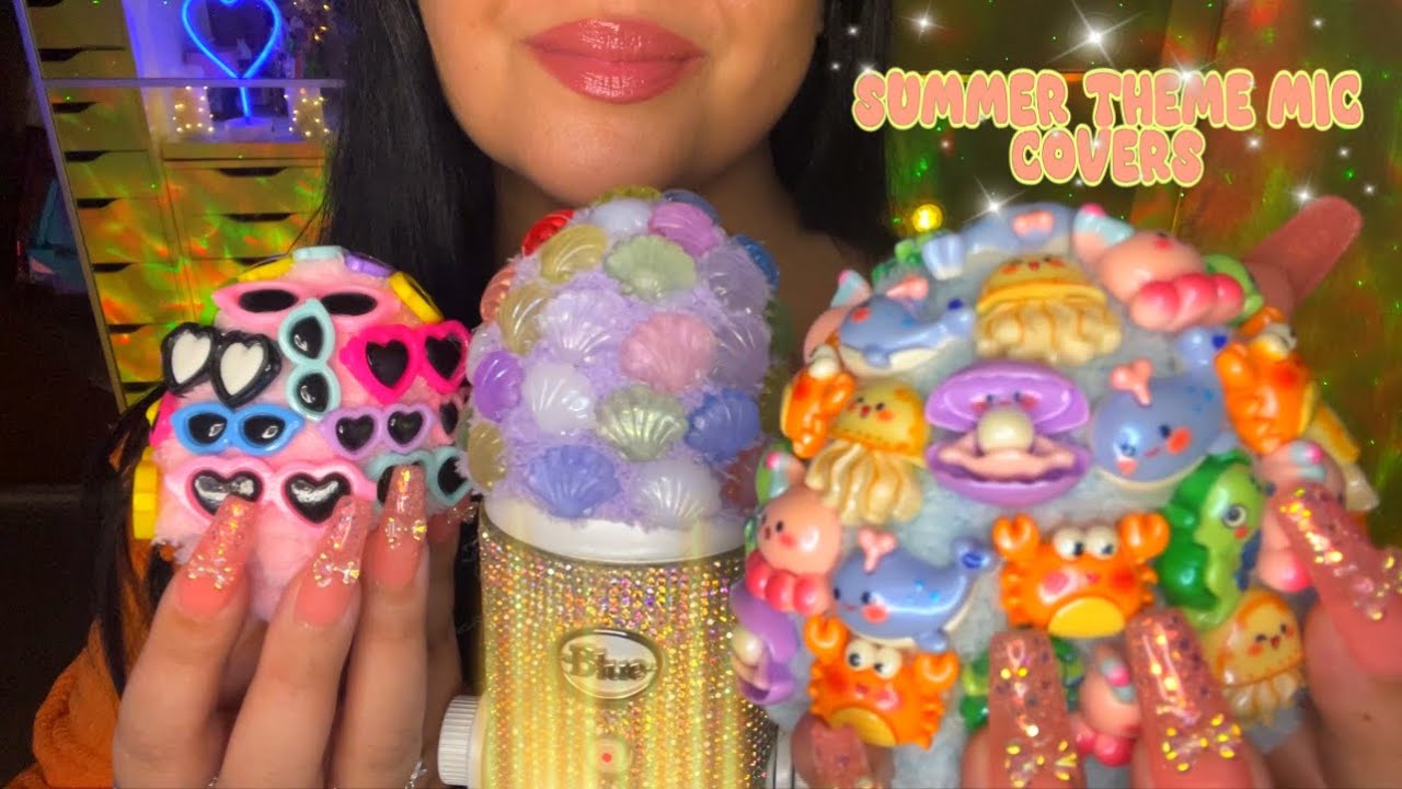 ASMR Scratching & Tapping On NEW Embellished Mic Covers - SUPER tingly💕 Summer Theme ☀️⛱️🌻