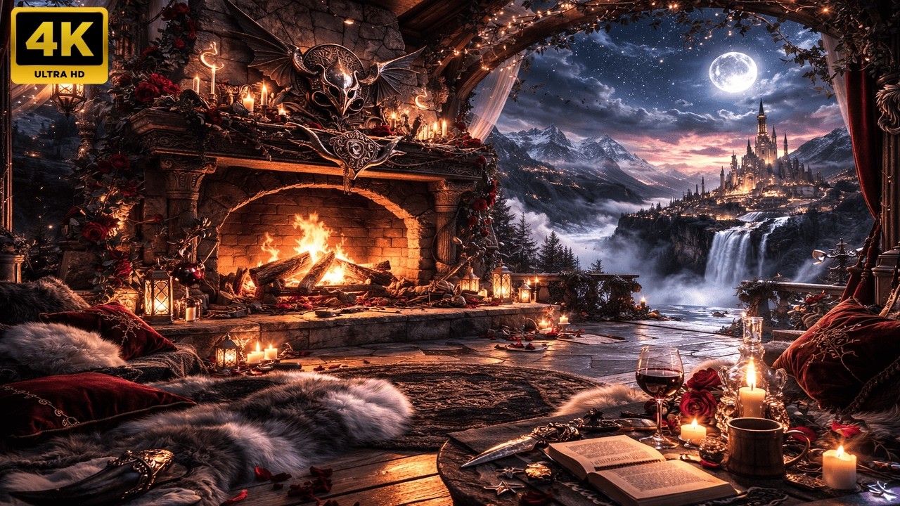 ACOTAR Inspired Fireplace 🔥 | 8 Hours | Magical Fantasy Ambience (Soft wind) | Cozy Reading & Sleep