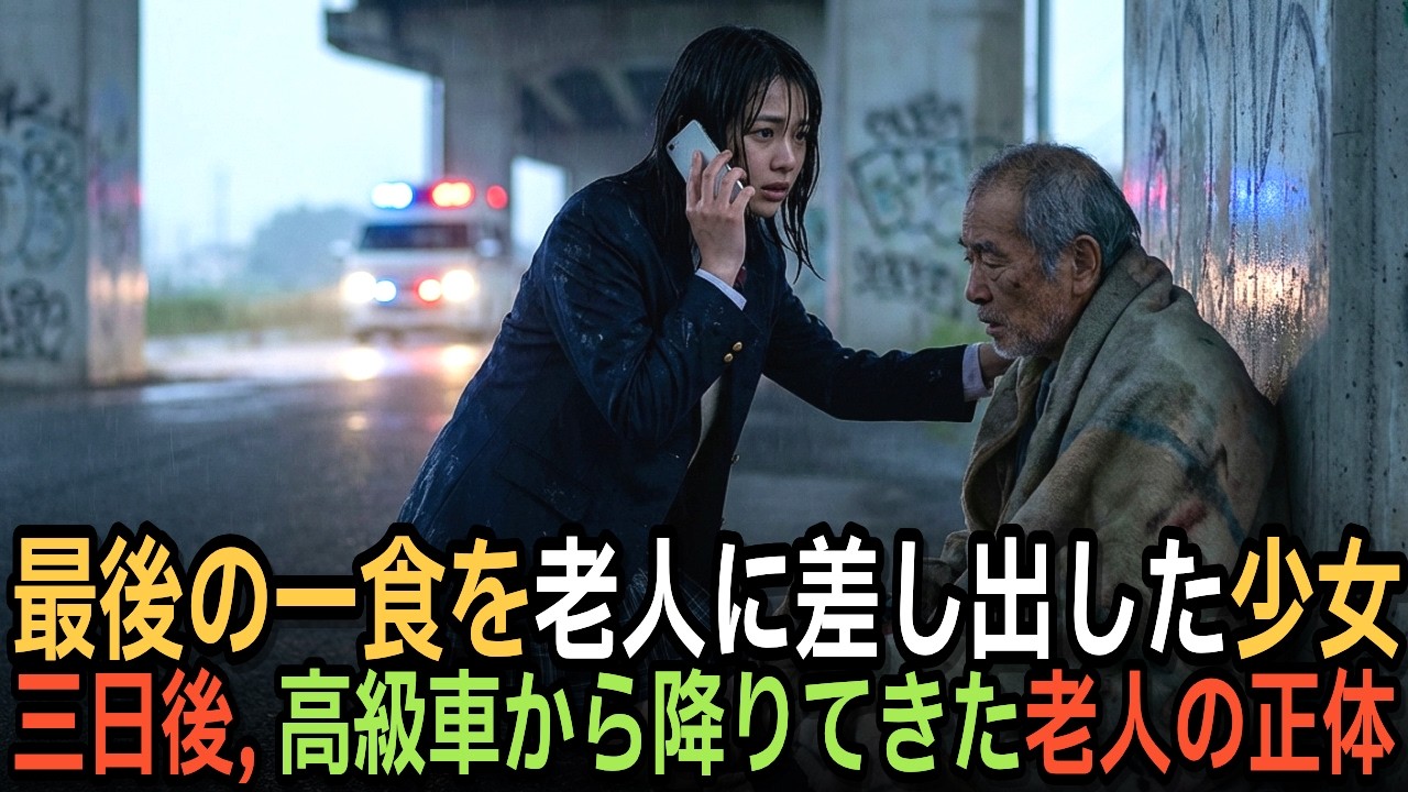 雨の中、橋の下で倒れた老人に唯一の弁当と祖母の毛布を捧げた貧乏女子高生。「泥棒の娘！」と蔑まれた三日後、校門に現れた黒塗りの高級車五台…老人の正体を知り学校中が凍りついた
