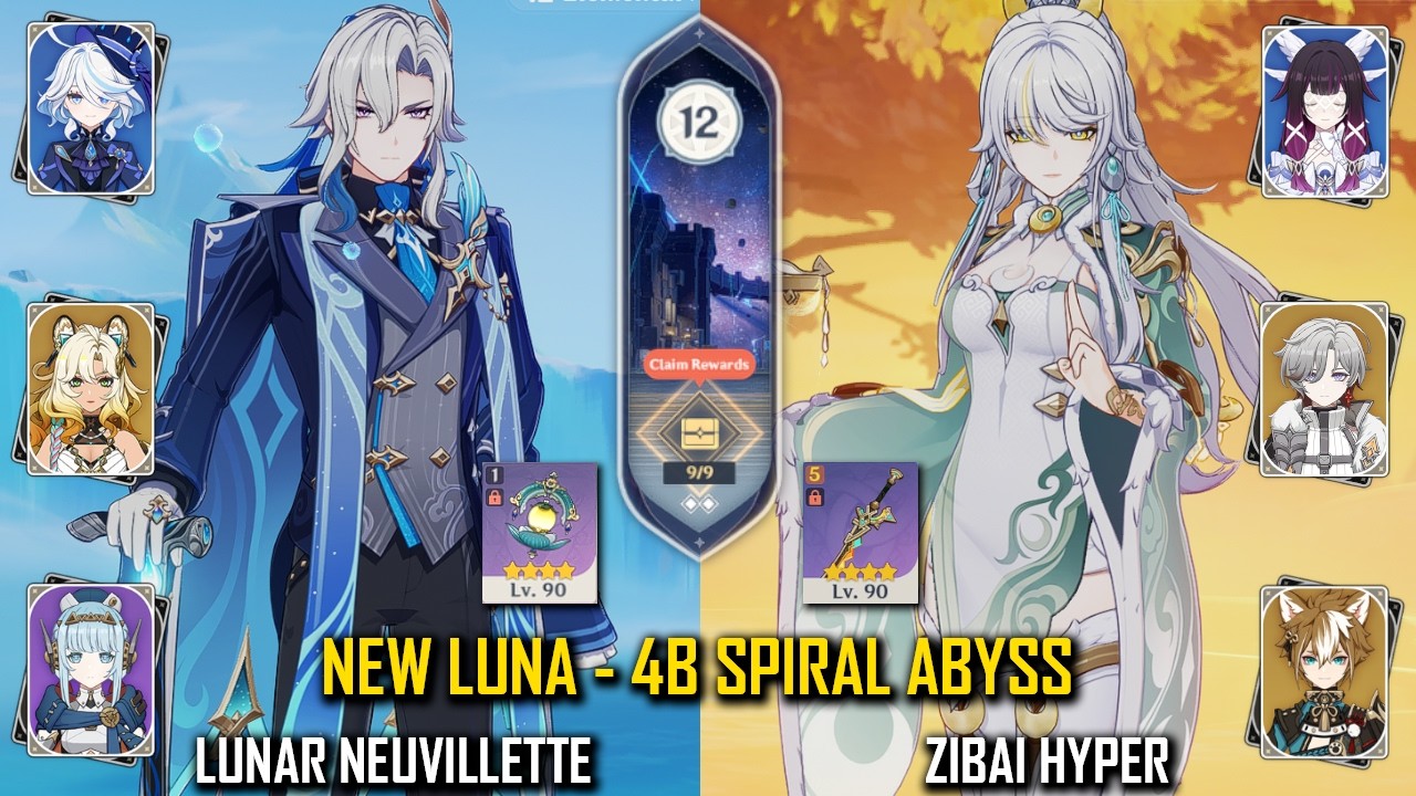 【GI】C1 Lunar Neuvillette  and C0 Zibai Hyper  - NEW Luna - 4B  Spiral Abyss - Floor 12 - 9 Stars