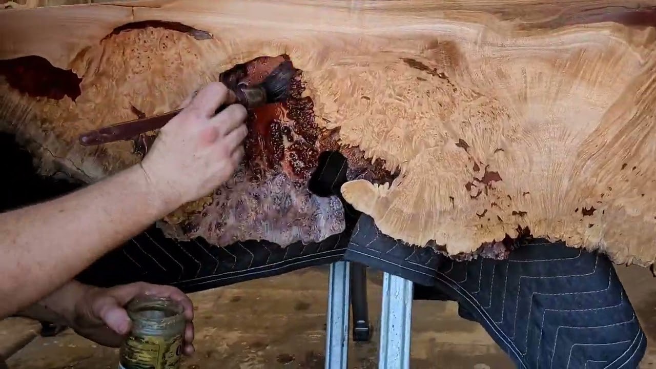 Timelapse finishing two special live edge Maple Burl waterfall vanities