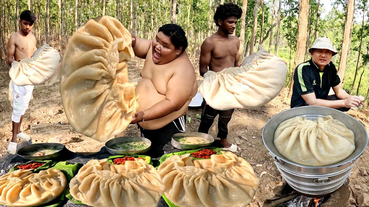 PORK MOMOS !! Jungle Made World Biggest Momo !! Steamed Momos in Survival Area Jungle and Eating