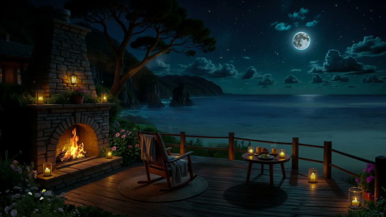 Fall Asleep Instantly🌙10 Hours of Moonlit Beach Night & Cozy Fireplace | Ocean Sounds for Deep Sleep