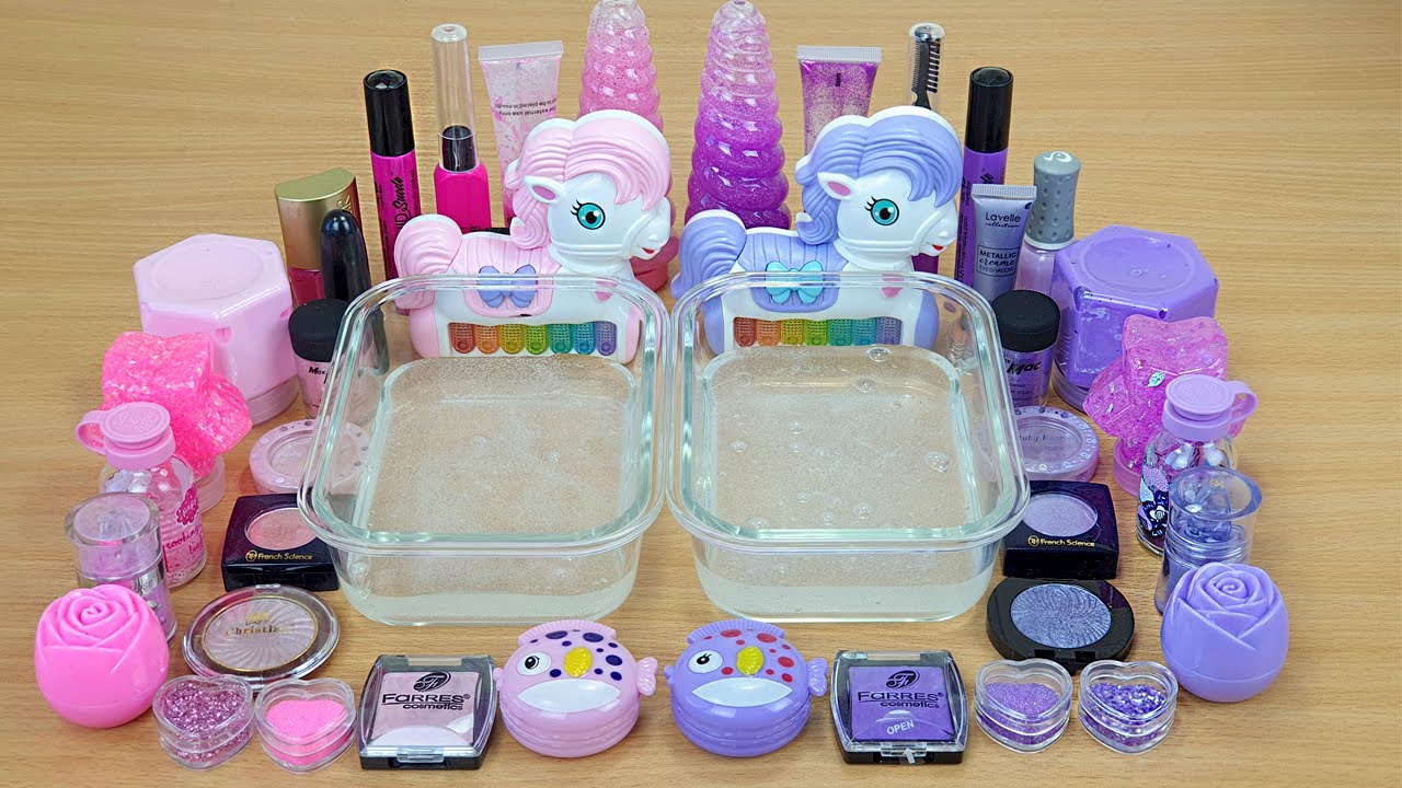 PINK vs PURPLE SLIME Mixing makeup and glitter into Clear Slime Satisfying Slime Videos