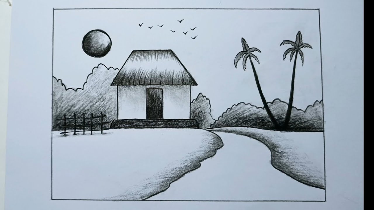How to draw a Village Scenery step by step | village house with nature | Landscape drawing |