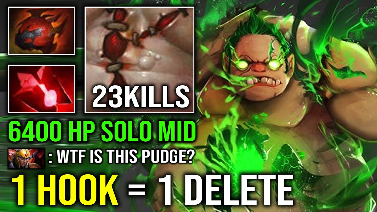 How to Solo Mid Pudge Against QOP with 6400 HP Raid Boss 1 Hook = 1 Delete Max Heap Strength Dota 2