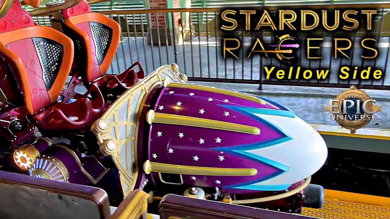 2025 Stardust Racers Roller Coaster Yellow Side On Ride Front Seat POV Universal Epic Universe