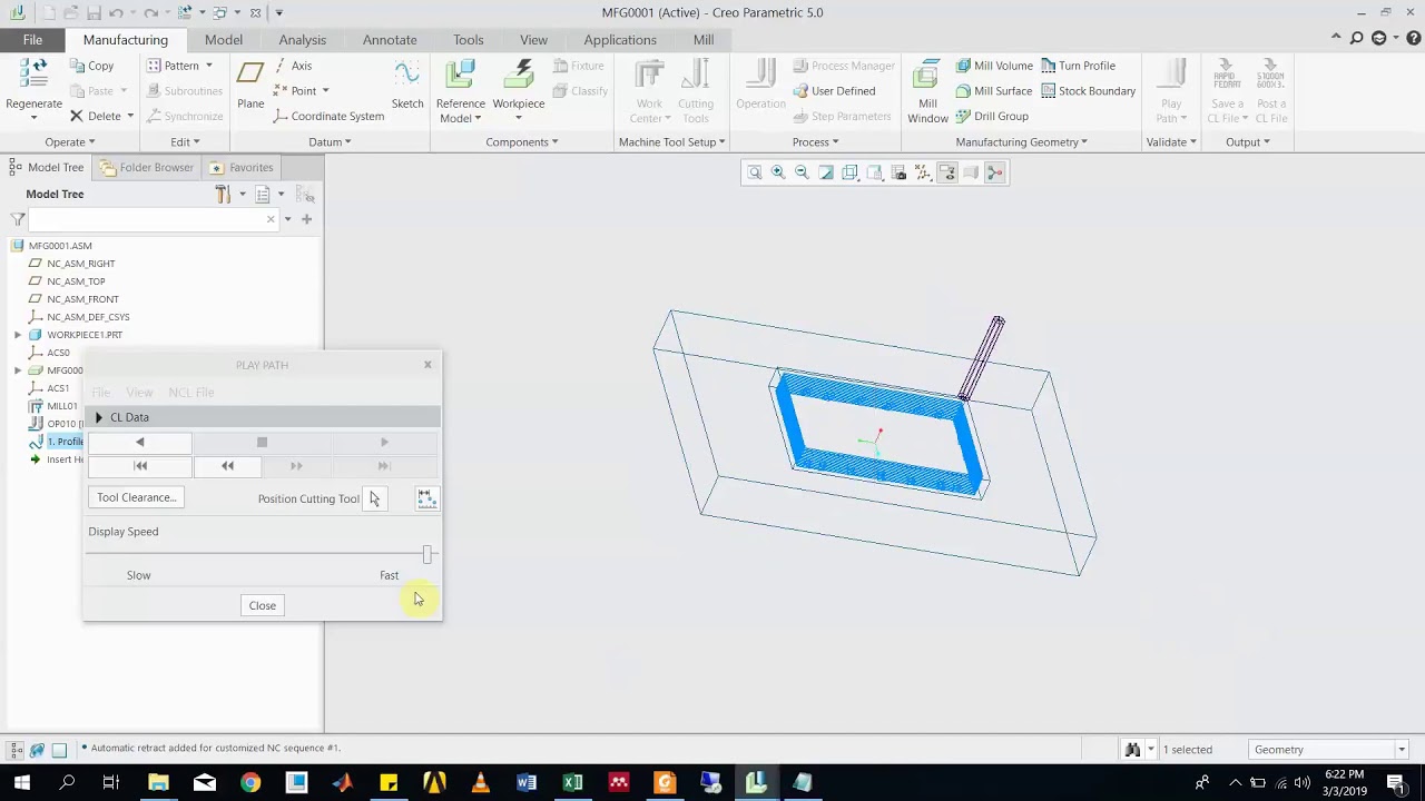 profile milling operation by using Creo Parametric 5.0