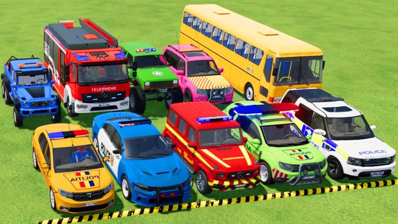 TRANSPORTING POLICE CARS, AMBULANCE, FIRE TRUCK, COLORFUL CARS WITH TRAIN -FARMING SIMULATOR 22!