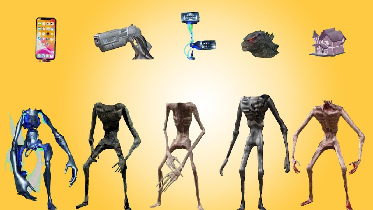WRONG HEAD, SIREN HEAD GHOST, HOUSE HEAD, GODZILLA, PISTOL, IPHONE