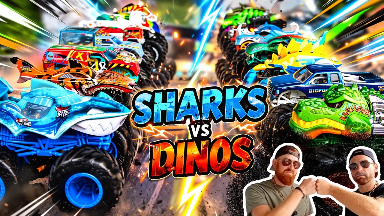 SHARKS vs DINOS Hot Wheels Monster Truck Racing The Furthest Jump Race Team Battle